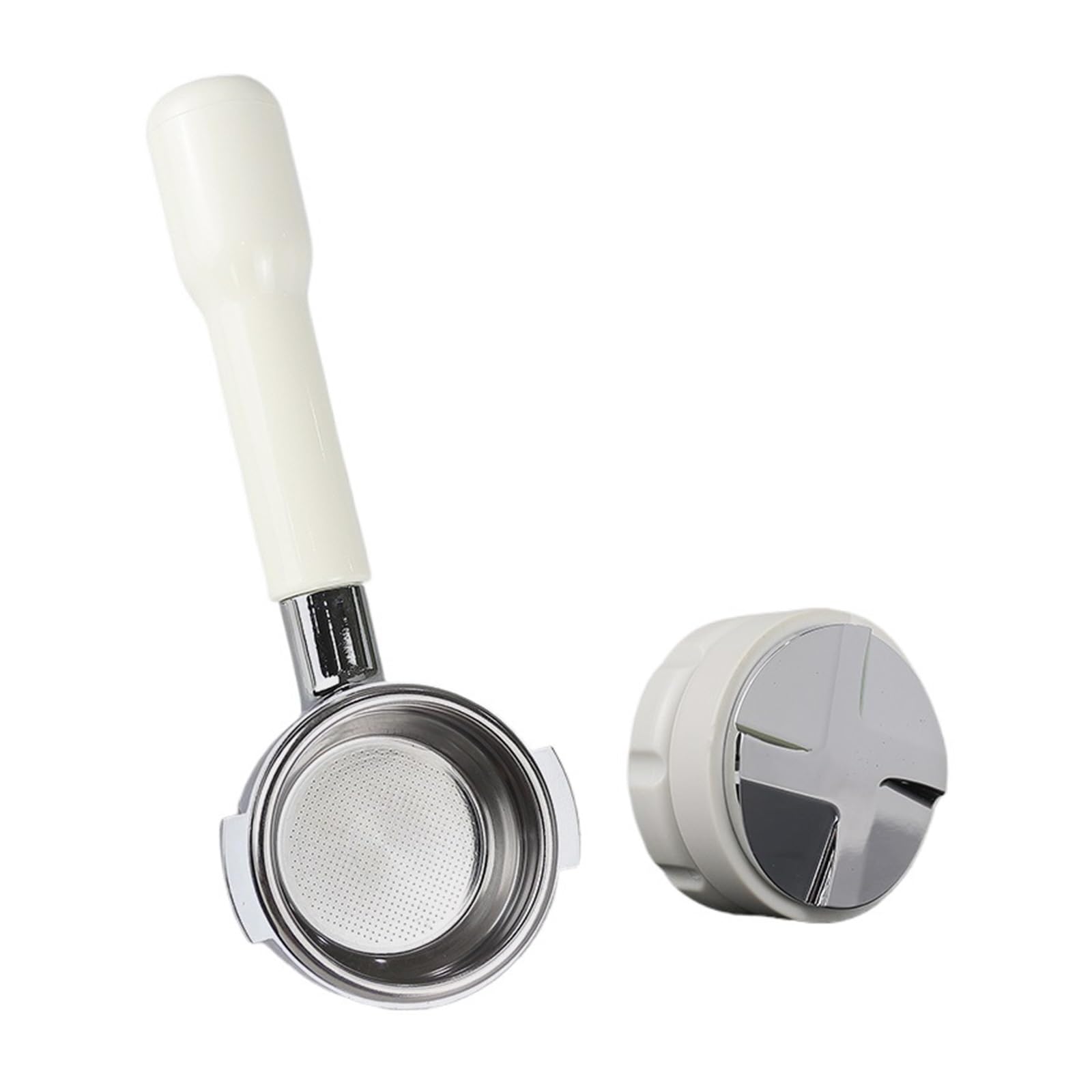 Portafiltro sin Fondo de Acero Inoxidable de 58 mm, portafiltro E61 con Mango Blanco, Compatible con Accesorios para máquinas de café Profesionales (58 mm).