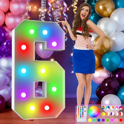 Image of 3FT Colorful Marquee Numbers,18-Color Number 6 with Remote Control Large Light Up Numbers Sign,Pre-Cut Foam Board Set for Party Decoration, Birthdays, Weddings, Graduations, Baby Anniversaries