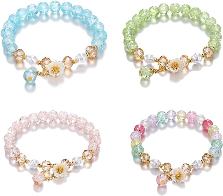 El Regalo 4PCs Cute Flower Bracelets- Shiny & Colorful Flower Charm Bracelets Set- Handmade Crystal Beaded Daisy Bracelets for Women Girls (Colors Option-1) (B0D1GGFY12) Amazon Price History, Amazon Price Tracker