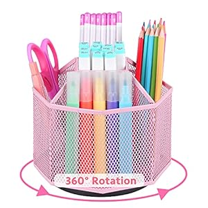 POPRUN Pink Desk Supplies and Accessories,Cute Pen/Pencil Holder,Pen/Pencil Organizer for Desk,Rotating Pen Desk Organizer Caddy for Office,School Classroom and Art Supply for Girls