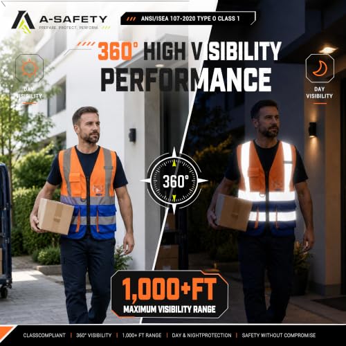 Image of A-SAFETY High Visibility Reflective Vest, Mic Tabs, Zipper, Orange /Blue, M