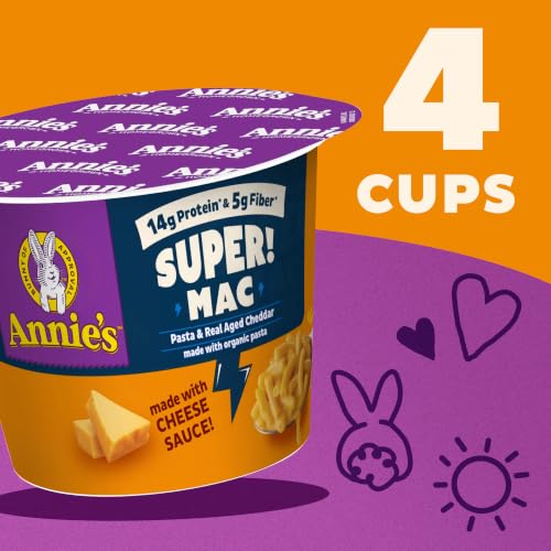 Image of Annie's Super! Mac Real Cheddar Mac & Cheese Microwave Cups, 4ct, 11.44 oz | 15g Protein and 5g Fiber Per Serving, Organic Pasta, Microwave Ready in About 2 Minutes