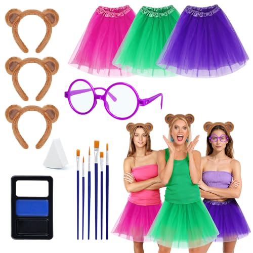 Cumule Halloween Animal Costumes Set Include Brown Ear Headbands Tutu Skirts Round Frame Glasses Makeup Pigments Makeup Brush for Women Adult Halloween Cosplay Party Accessory
