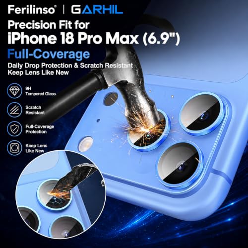 Image of Ferilinso GARHIL Camera Lens Protector Compatible with iPhone 18 Pro Max, Light Blue Joint, 9H Tempered Glass, HD Clear, Anti-Scratch, Case Friendly, Precise Fit