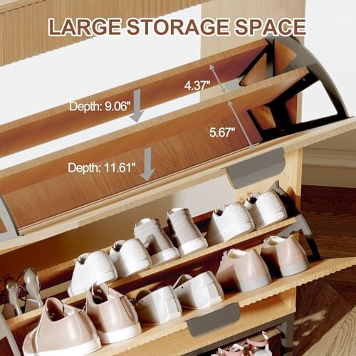 Garvee Fluted Shoe Storage Cabinet with 2 Flip Drawers, Slim Wood Shoe Organizer, Narrow Entryway Furniture with Storage for Small Spaces, Hallway Entrance Apartments, Natural