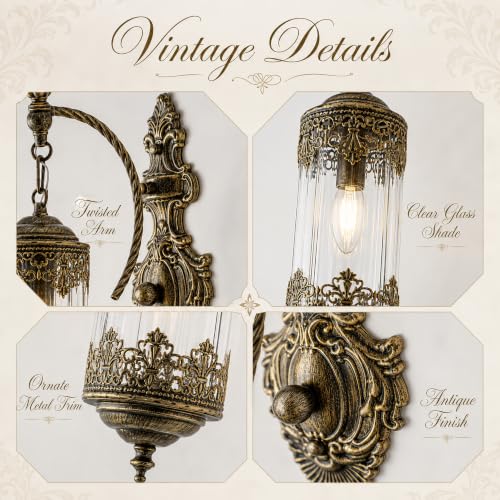 Image of Vintage Wall Sconce with Glass Shade, Rustic Farmhouse Wall Light Fixture, Antique Gothic Decorative Metal Wall Lamp for Hallway, Bedroom, Living Room, Entryway, 2-Pack