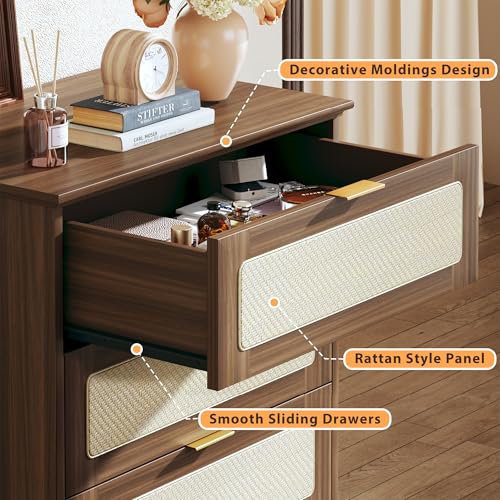 Image of HUAHUU 6 Drawer Dresser for Bedroom, 50 Inch Tall Dressers & Rattan Chest of Drawers, Mid Century Style, Wood Modern Dressers Organizer for Bedroom, Living Room, Hallway, Entryway, Walnut