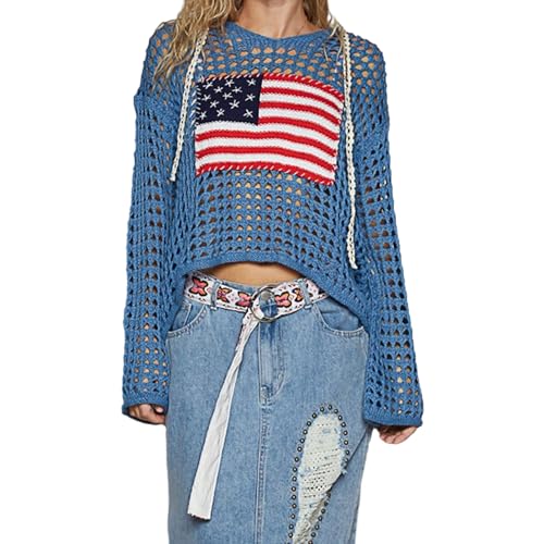 Women's American Flag Crochet Sweater 4th of July Long Sleeve Loose Pullover Hollow Cover Up Tops Summer Beach Party