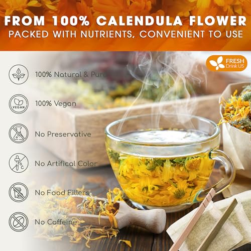 Image of FreshDrinkUS, Premium 135 Calendula Tea Bags, 100% Natural and Pure Calendula Flowers, Eco-conscious Tea Bags. Herbal Tea. No Sugar, No Caffeine, No Gluten, Vegan.