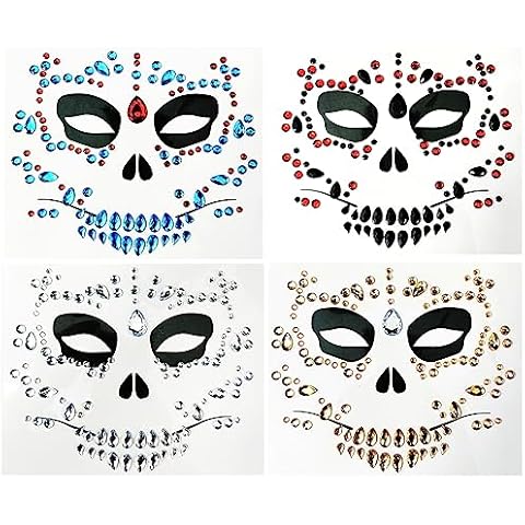 4-Pack Day Of The Death Face Gems,Halloween Temporary Face Tattoos, Rhinestone Face Jewels Stickers Cover