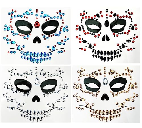 4-Pack Day Of The Death Face Gems Halloween Temporary Face Tattoos Rhinestone Face Jewels Stickers