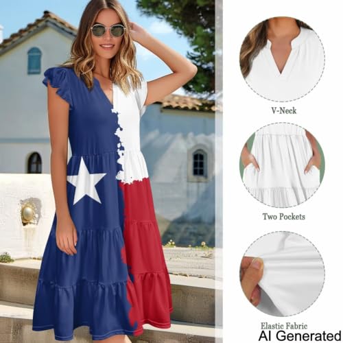 Image of Womens Summer Dress Ruffle Sleeve V Neck Dress Casual Fit Flowy Beach Vacation Sundress with Pocket S-2XL