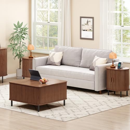 ONBRILL Oval End Table with Storage & Charging Station, Fluted Accent Side Table with Sliding Door & Adjustable Shelf, Mid-Century Modern Nightstand for Small Space, Living Room, Bedroom, Walnut