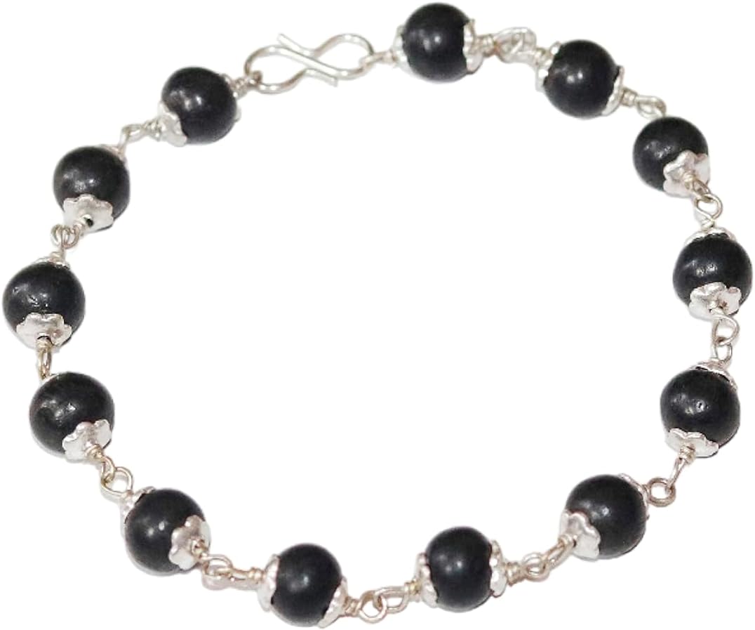 Ebony Wood Silver Cap Chain Bracelet Karungali Kattai Bracelet with Silver Cap Chain Design size 8 MM For Unisex Adult