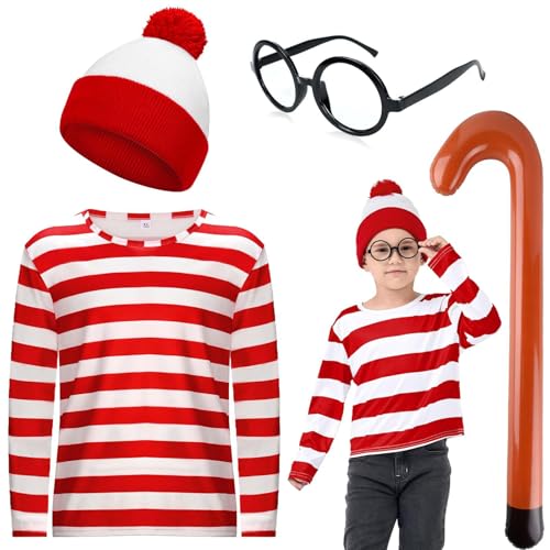 Kavoc 4Pcs Red White Striped Costume Accessories Set Includes Beanie Hat Red White Stripe Top for World Book Day Fancy Cosutme (L)