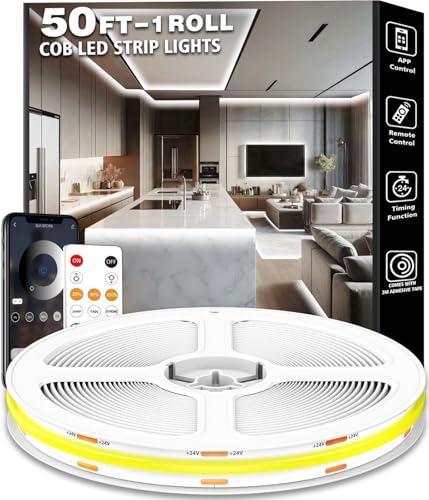 Image of 50FT COB Led Strip Lights, Uniform 6500K COB Rope Light,Bright Daylight White Lights,High Density,App /Remote Control,Indoor 24V Cuttable Cabinet Lights for Bedroom,Bookshelf,Showcase,Kitchen