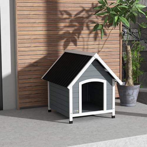 PawHut Hundehütte aus Holz Kleintierhaus mit Asphaltdach Outdoor Hundehöhle korrosionsbeständig Hundehaus mit herausnehmbarem Boden für mittelgroße Hunde 75 x 88 x 82 cm Grau