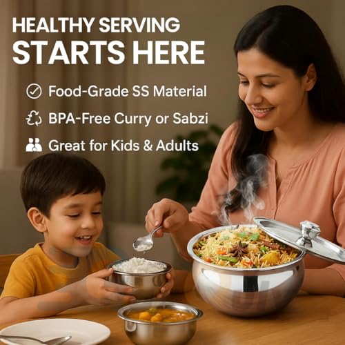 Image of Stainless Steel Cook and Serve Handi Panjabi Biryani Serving Bowl Milk Pot Pan Patila with Lid Laser Finished Gas & Induction Compatible Multipurpose Utensil 500 ml (2pcs, Steel)