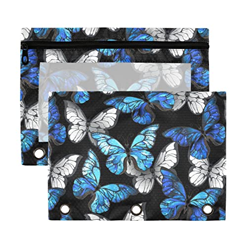 Estuche realista de 3 anillos con diseño de mariposas azules y blancas, paquete de 2 estuches de plástico transparente impermeable con cremallera, bolsa de cosméticos y organizador de documentos de