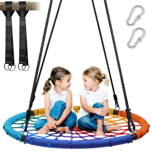 Image of Trekassy 750lbs 40 inch Spider Web Saucer Tree Swing for Kids Adults, Outdoor Net Swing with Steel Frame and 2 Hanging Straps-Rainbow (Patented)