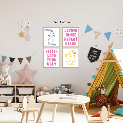 Image of Boat Wades Blue and Pink Bathroom Wall Art Prints Set of 4, Watercolor Shower Head Yellow Baby Duck Posters Pictures Wall Decor for Kids Girls Bathroom Washroom Restroom Toilet, 8x10 Unframed