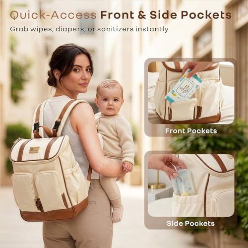 Image of R for Rabbit Caramello Bold Hazel Diaper Bag for Moms, Premium Vegan Leather Baby Travel Bag with Insulated Bottle Pockets, 10 Multi-Purpose Pockets Maternity Backpack, 37 Litre Capacity (Cream Brown)