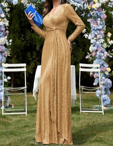 Image of Long Sleeve Sequin Dress For Women Formal Gowns Sparkly V Neck Maxi Dress