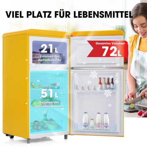 Mini Frigo Rétro 72L avec Congélateur 21L, Frigo Top Double Porte pour Chambre, Bureau et Studio, Petit Frigo Congélateur LED 46 x 45 x 91 cm, Jaune