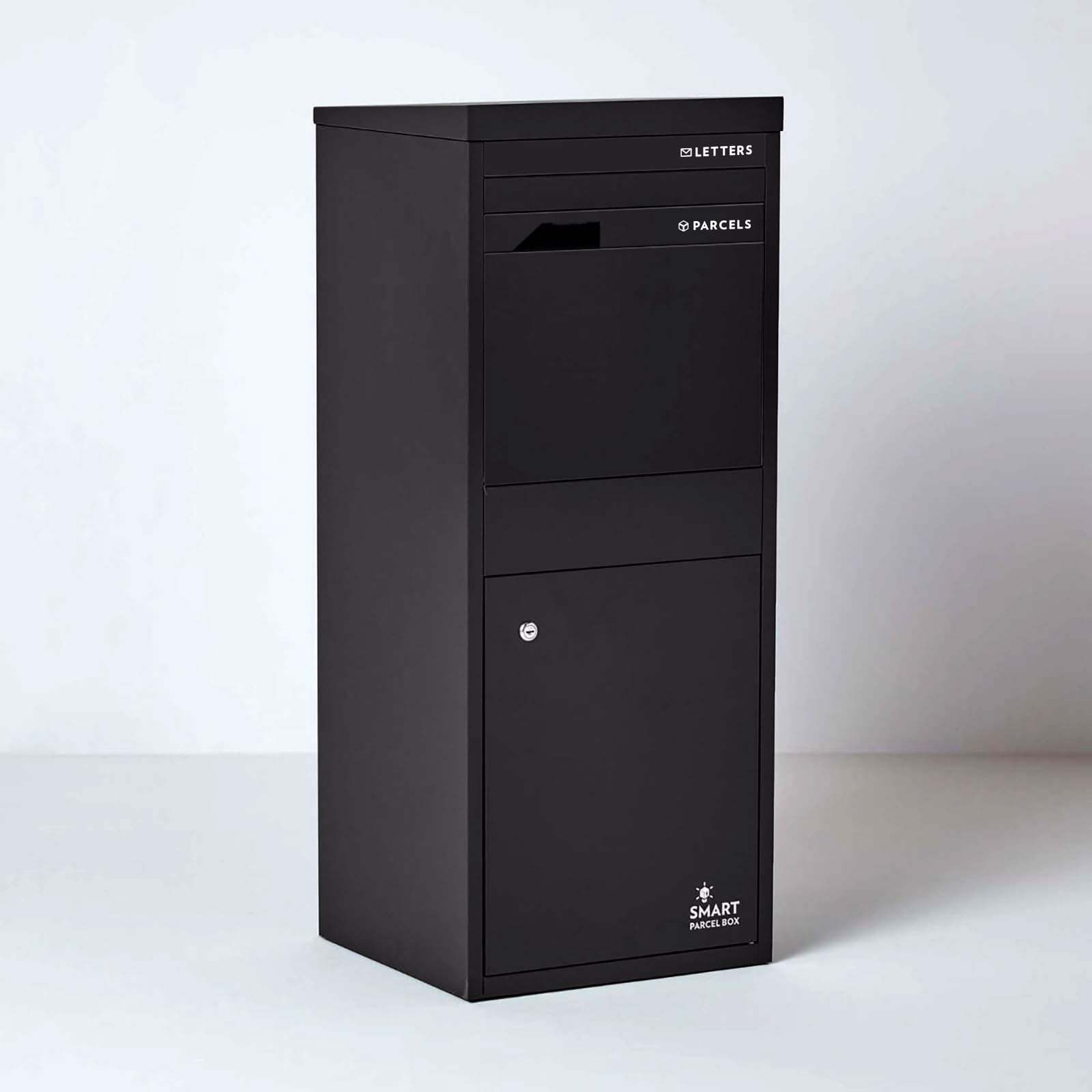 SMART PARCEL BOX Boite aux Lettres 2 Portes, Boite à Colis Extérieur sur Pied, Acier galvanisé, Large, Serrure 3 clés, Noir, 41.5 x 38.5 x 102.5 cm