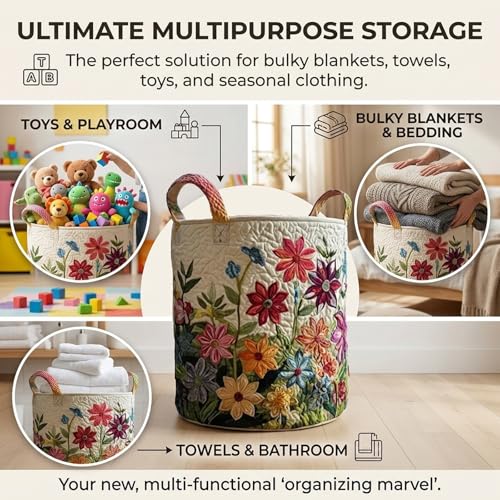 Image of Quilted Laundry Baskets with Handles, Large Floral Fabric Hampers, Extra Soft Boho Chic Storage Organizer for Nurseries, Collapsible Clothes Bins, Portable Bedroom Washing Container
