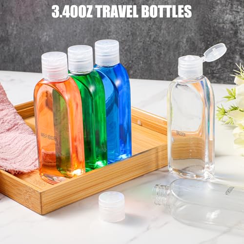 3.4 oz Travel Bottles for Toiletries, Travel Size Containers Refillable, Leak Proof Squeeze Bottles with Flip Cap, Small Plastic Squeeze Bottle with Toiletry Bag (5-Pack)4