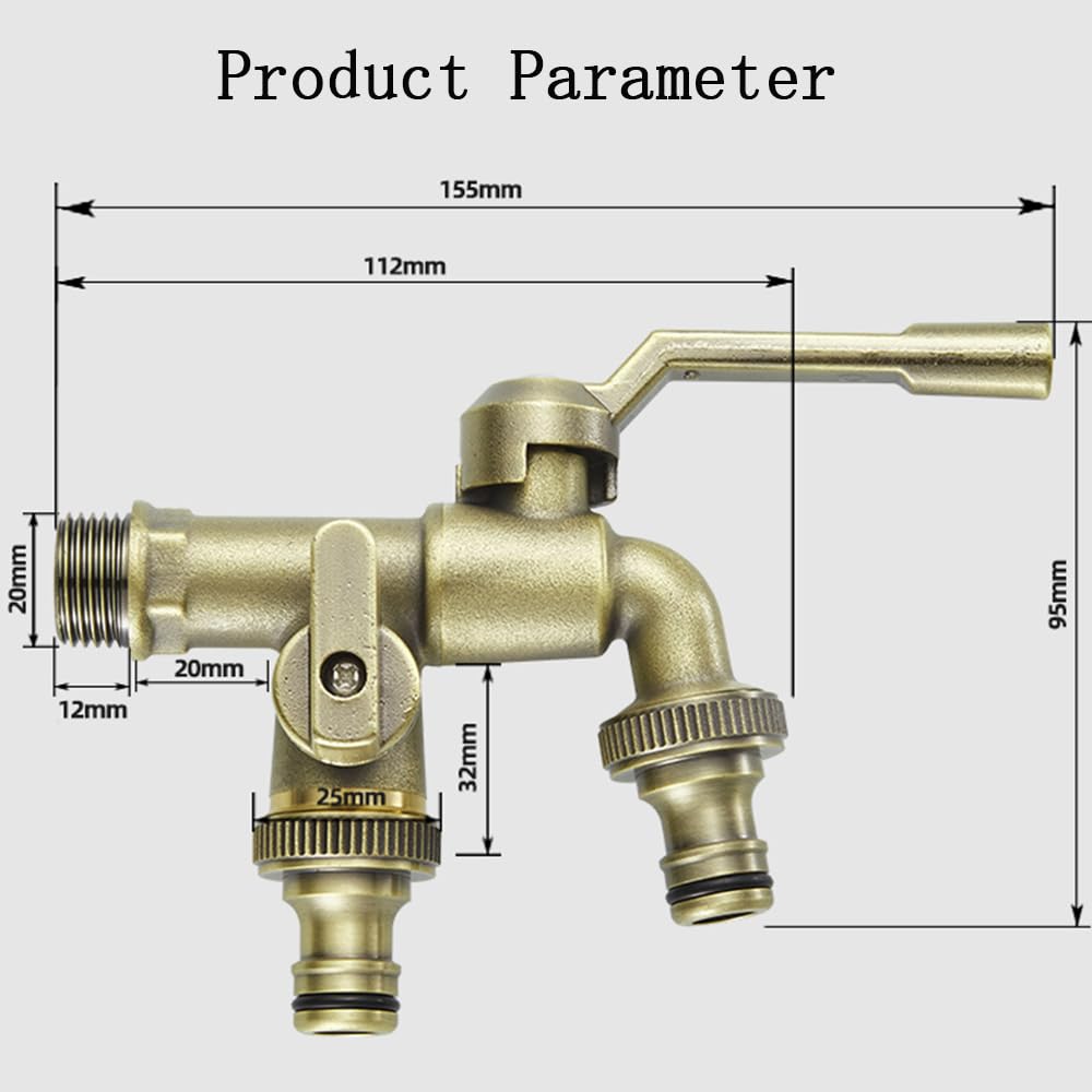 Grifo de jardín de doble salida – Grifo de agua de 1,27 cm para exteriores, conector de manguera de jardín de bronce anticongelante y resistente a la intemperie para un riego y riego eficientes
