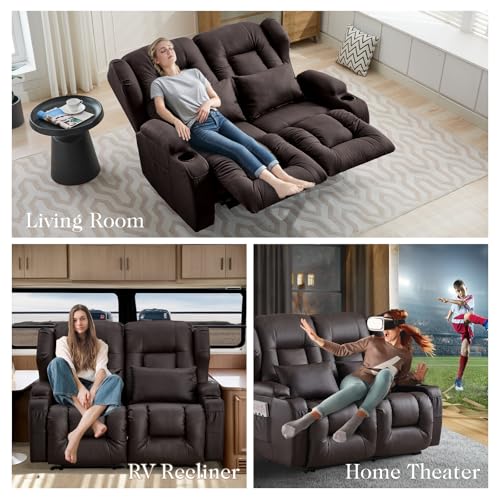 Image of Loveseat Recliner Sofa,RV Wall Hugger Recliners for Small Spaces,Reclining Loveseat Sofa Recliner with Cup Holders /Lumbar Pillows,RV Furniture (Brown, 56 inch 2-Seater)