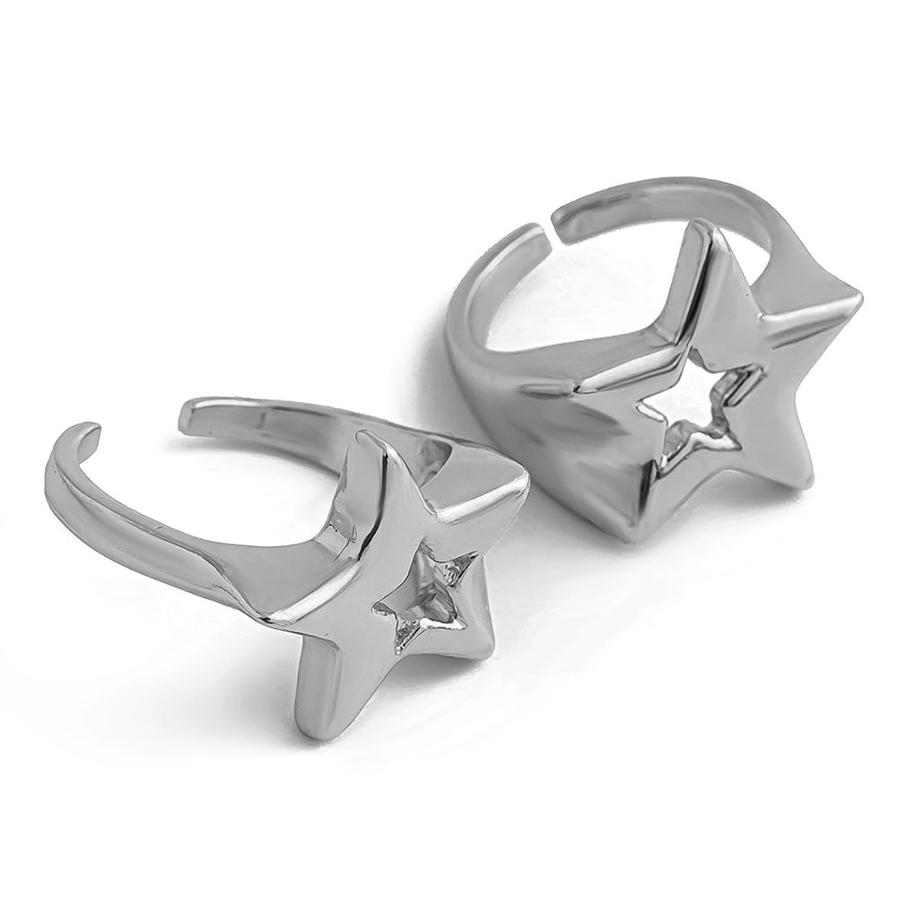 Juego de 2 anillos abiertos gruesos de oro Y2k para mujer, apilables, estrellas huecas, vintage, anillos para nudillos, anillos grandes de hip hop, joyería de regalo, Zinc, Sin piedras preciosas 6