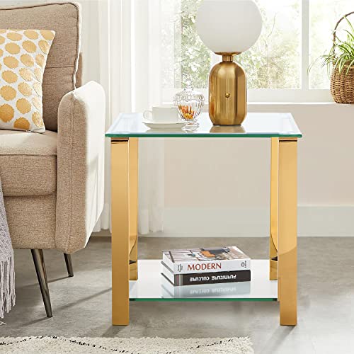 Glass End Table，Side Table With 2-Tier Storage,Coffee Table With Stainless Steel Frame,Living Room Table Modern Style For Living Room, Balcony, Bedroom #TOP5