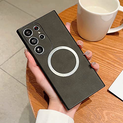 Coque Samsung S22 Plus en cuir de luxe antichoc avec support magnétique et charge sans fil noir