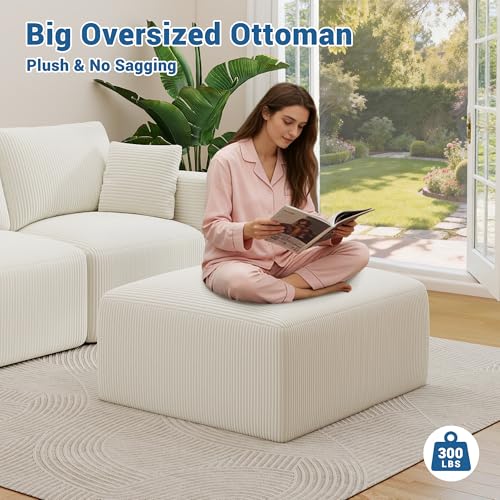Condition photo showing New/Like New for dv d94581-o 40" oversized square corduroy ottoman, large ottoman pouf footstool, beige