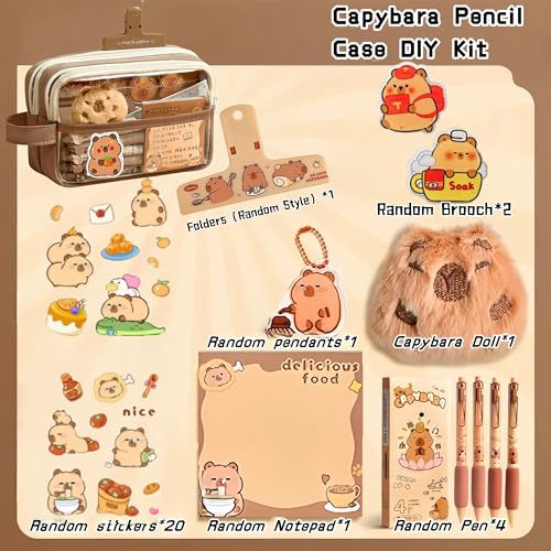 Image of Kawaii Capybara Pencil Case Kit with Plush +Notepad+Pendant+Stickers+Binder clips+Diary Clip+Pens, 5-Layer Large Capacity Capybara Stationery Set Gifts for Office, Makeup. (Brown)