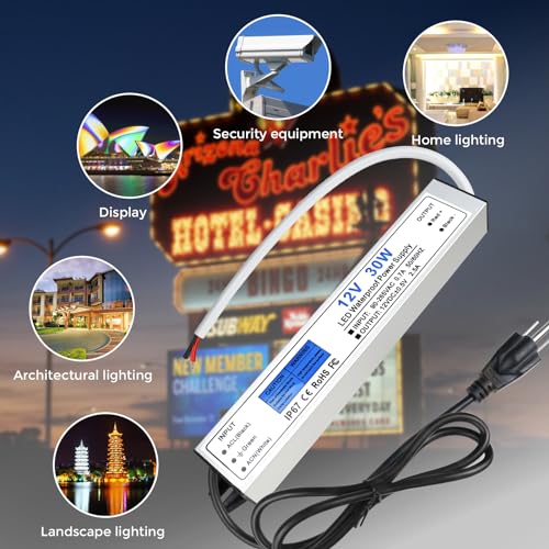 Image of LED Driver 30 Watts, IP67 Waterproof 12V Power Supply, AC 90-265V to DC 12V 2.5A Low Voltage Transformer with 3-Prong Plug 3.28ft Cable for LED Lights, Computer Project, Outdoor Use