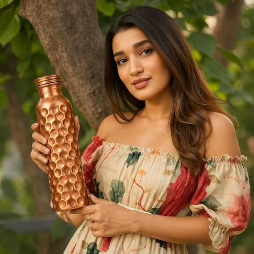 Image of Pure Copper Water Bottle - Golden Wave Design - 32 oz | Handmade Ayurvedic Copper Vessel for Health & Wellness | Leak-Proof, BPA-Free, Eco-Friendly Gift Bottle