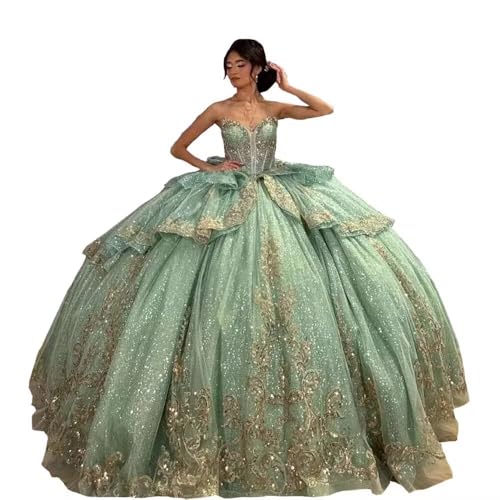 Glitter Gold Appliques Diamonds Ball Gowns Prom Dress Corset V-Neck Tiered Sweet 15 Dresses Damas Bow 2025