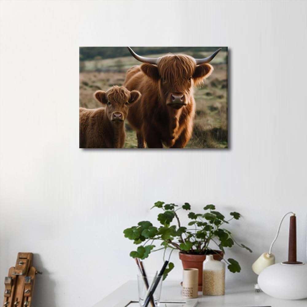 1 Panels Highland Cow and Calf in Field Picture Livestock Animal Portrait Farmhouse Wall Decor Canvas Print Bathroom Painting Cattle Artwork Kitchen Living Room Nursery Home Ready to Hang (12"Wx18"H) - Image 2