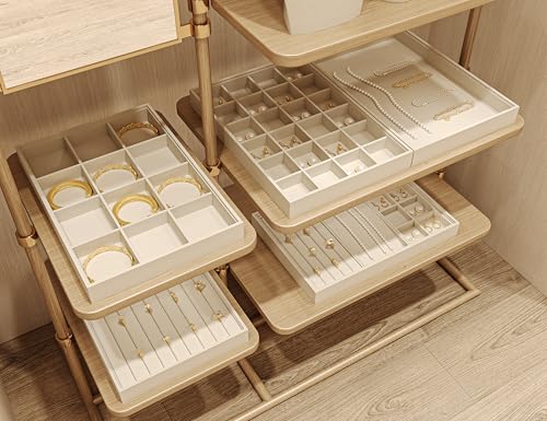 Linen Jewelry Trays 16 Slots Necklace Bracelet Display Tray Jewelry Drawer Organizer Necklace Bracelets Watch Storage Holder (Beige)