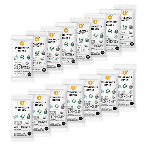 Image of INDIGENOUS HONEY Organic Natural Wild Honey Raw Pure Unprocessed Added Sugar Free NMR Tested Unpasteurized Unheated 15 Sachets Gift Pack 15g Each Total 225g