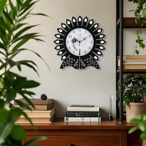 Image of Kuber Industries 14 Inches Wooden Peacock Designer Stones Analog Wall Clock | Vintage Interior Home and Office Decor, Living Room, Bedroom | Black