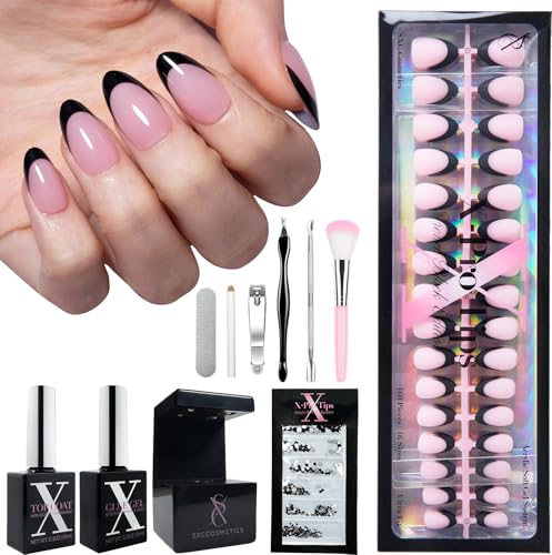 SXC Cosmetics French Tip Press On Nails – Black Series, Short Almond, X-Pro Tips Starter Kit | 160PCS, 16 Sizes, 5 Styles, Beginner-Friendly