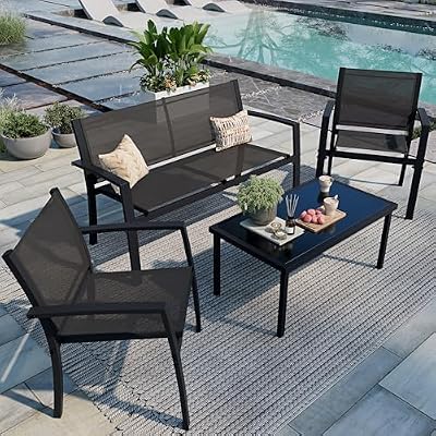 Shintenchi 4 Pieces Patio Furniture Set All Weather Textile Fabric Outdoor Conversation Set, with Glass Coffee Table, Loveseat, 2 Single Chairs for Home, Garden, Lawn, Porch?Black?