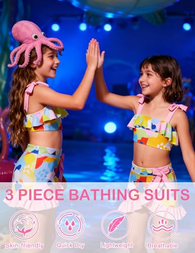 Image of ALISISTER Girls Swimsuit 3 Piece Bathing Suits Flounce Bikini Tankini Set Beach Swimwear with Cover Ups Skirt for 3-8 Years