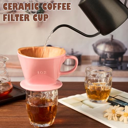 Image of Pour Over Coffee Dripper, Ceramic Pour Over Coffee Maker, Pink | 3 Holes Flat Bottom, Easy Manual Brew Maker, Porcelain Slow Filter Cone for Travel, Camping, Office, Home