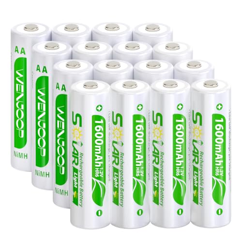 WENJOOP 16 Pack AA Rechargeable Batteries for Solar Lights 1600mAh NiMH 1.2V Precharged Low Self-Discharge Replacement Batteries for Outdoor Garden Pathway Deck Fence String Lights